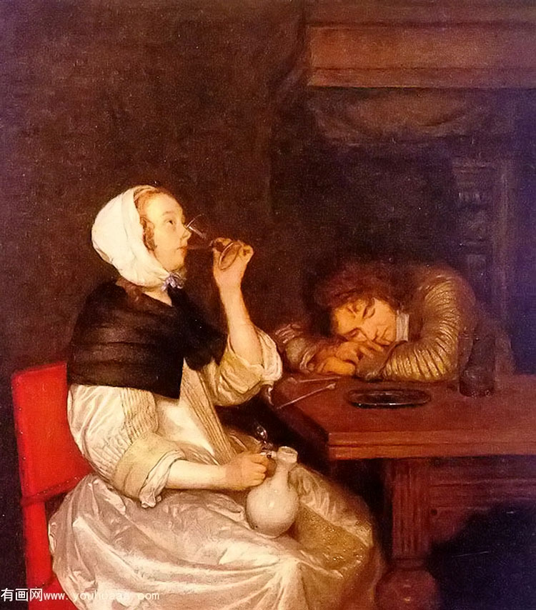 woman drinking with a sleeping soldier