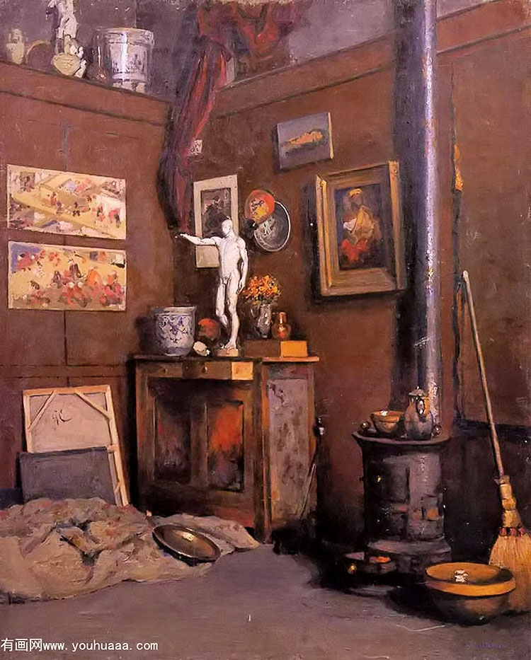 interior of a studio with stove