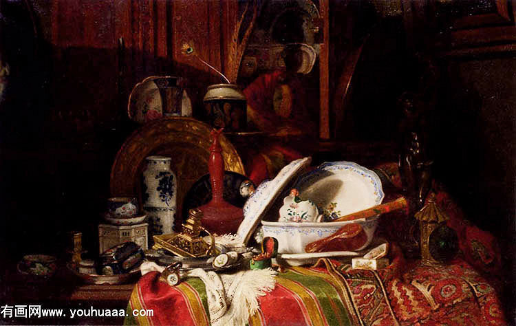 :Ͳϵĵƿ̨ - still life with dishes a vase a candlestick and other objects on a draped table