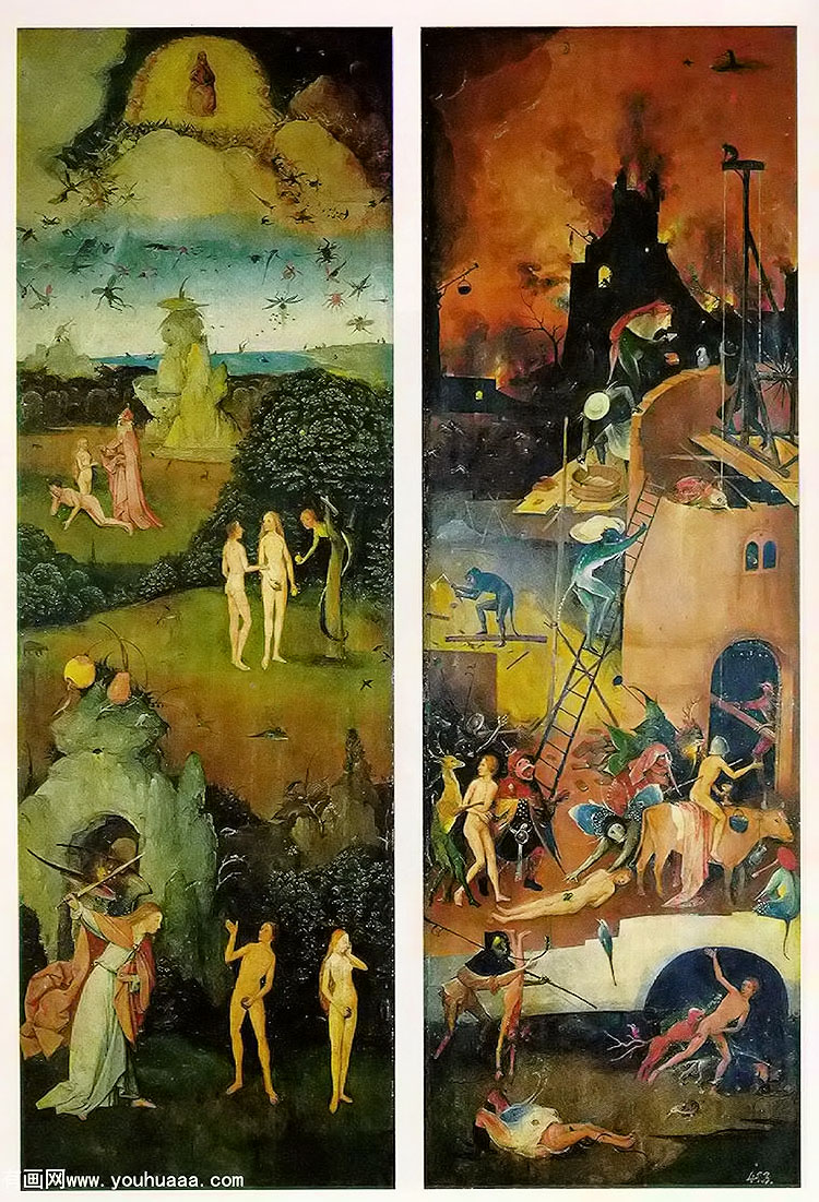 (ұ߷) - paradise and hell, left and right panels of a triptych