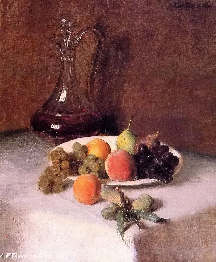 a carafe of wine and plate of fruit on a white tablecloth