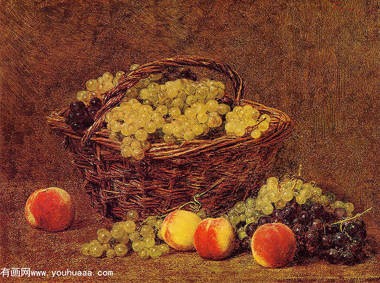 basket of white grapes and peaches