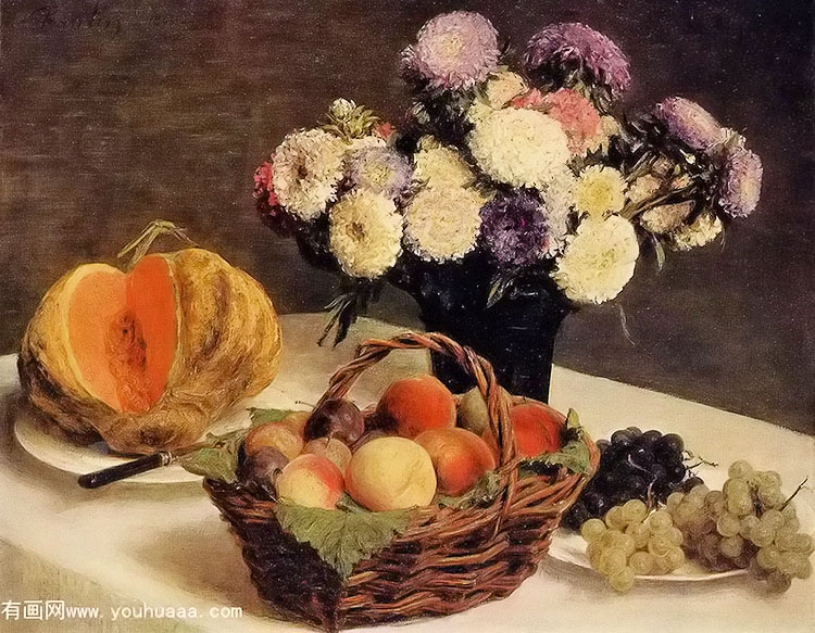 flowers and fruit, a melon