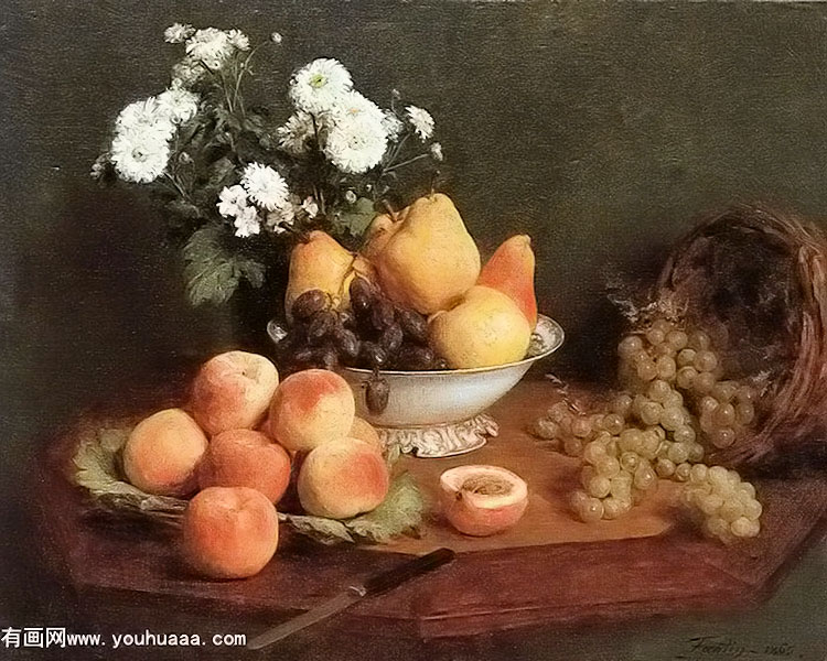 flowers and fruit on a table