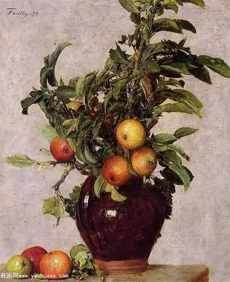 vase with apples and foliage