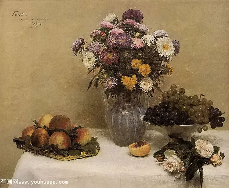 white roses chrysanthemums in a vase peaches and grapes on a table with a white tablecloth