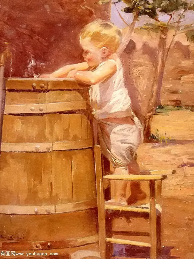 a boy at a water barrel