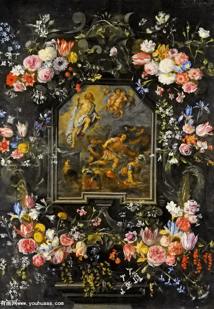 garlands of flowers surrounding a stone cartouche inset with a painting depecting the ressurection