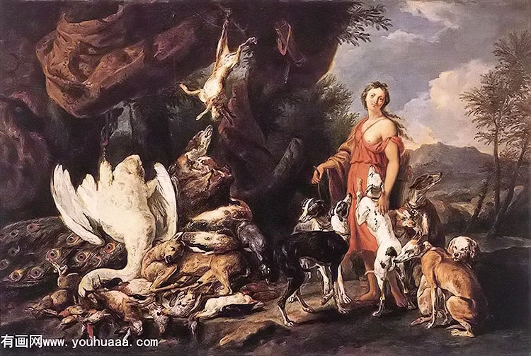 diana with her hunting dogs beside kill