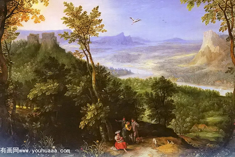 an extensive landscape with figures on a wooded path