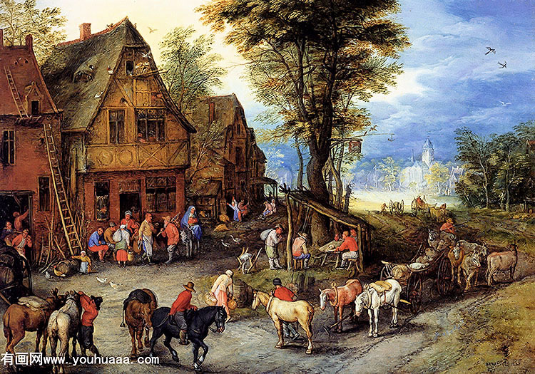 ʥִͥС - a village street with the holy family arriving at an inn