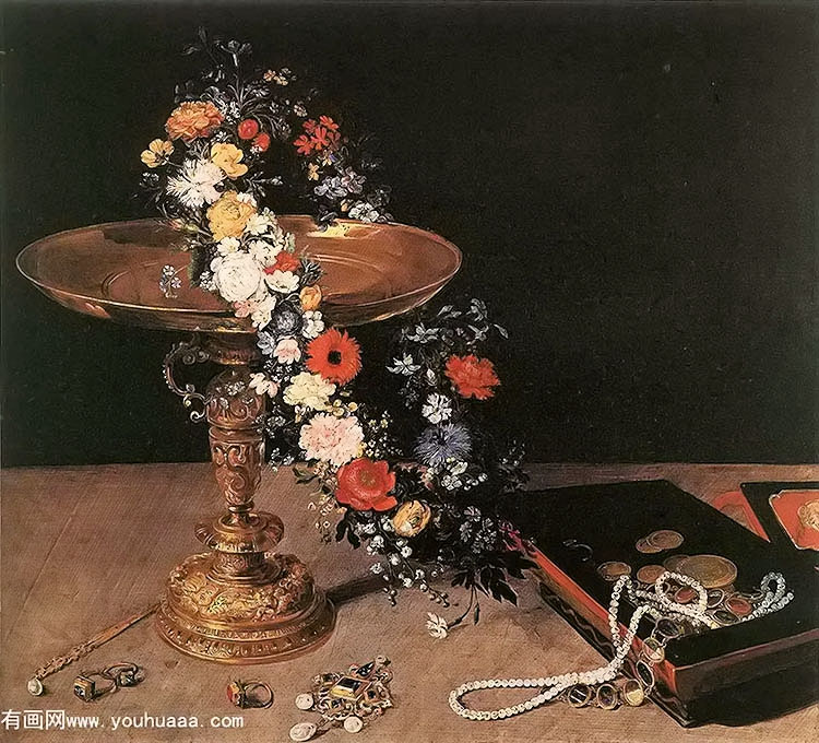 :ɫб - still life with garland of flowers and golden tazza