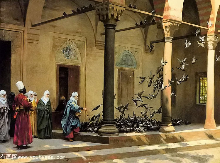 ͥԺιӵ - harem women feeding pigeons in a courtyard