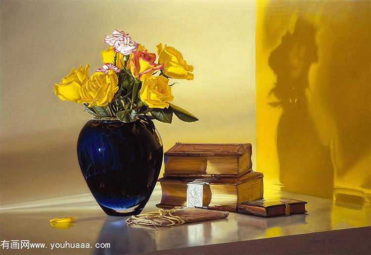 yellow roses, blue vase & antique books