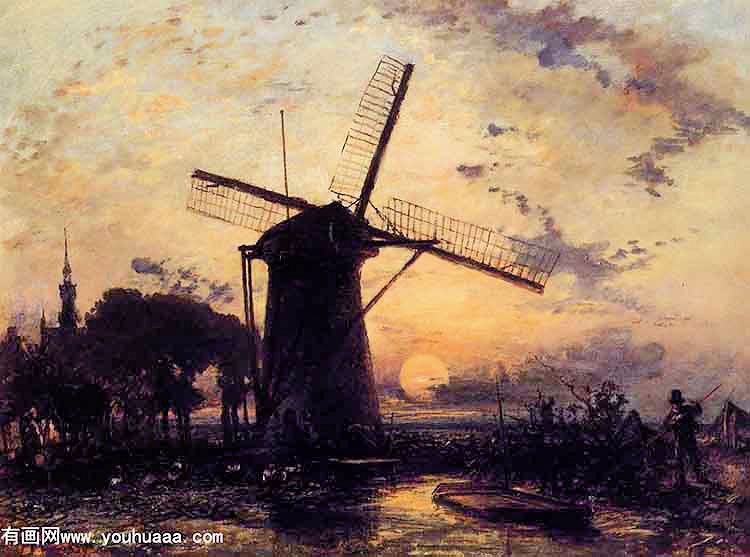 boatman by a windmill at sundown