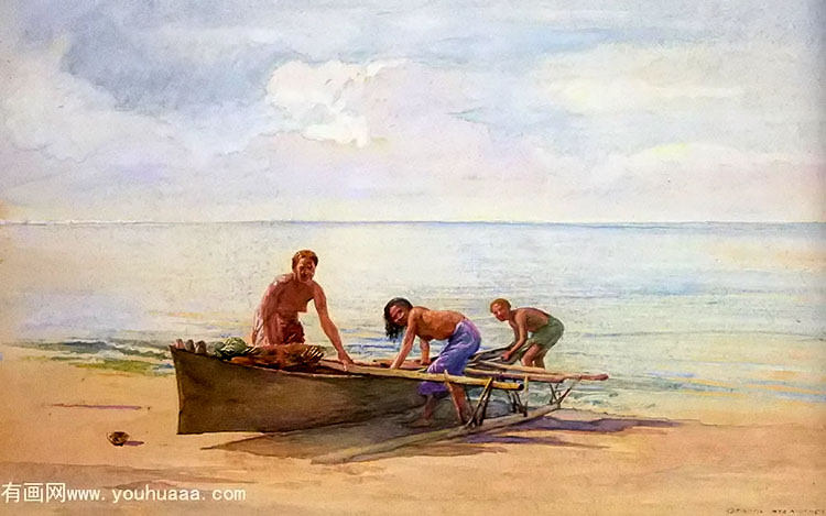 women drawing up a canoe