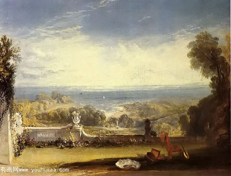 view from the terrace of a villa at niton, isle of wight, from sketches by a lady