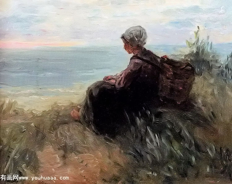 a fishergirl on a dunetop overlooking the sea