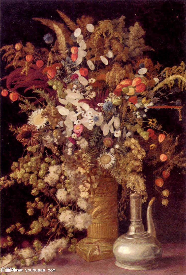 dried summer flowers and grasses in an ornamental stone vase by a coffee pot