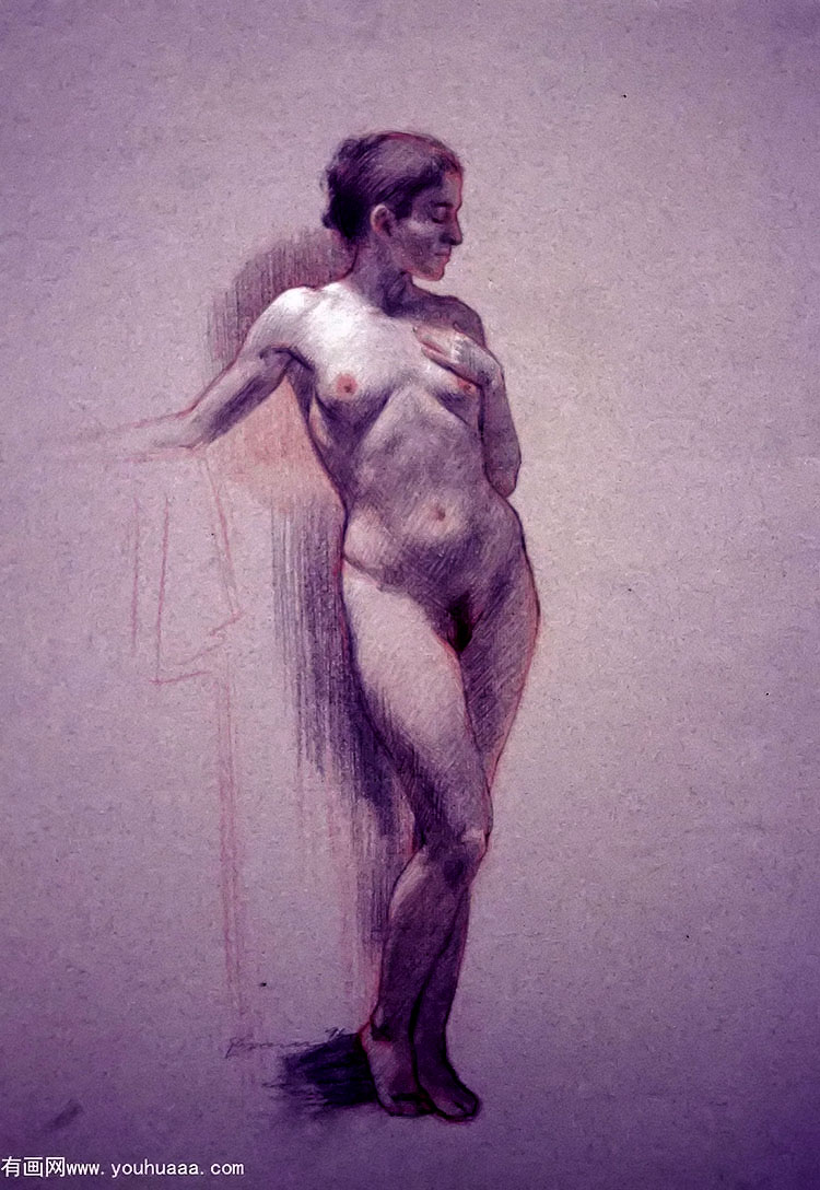 Ůӽ - conte drawing (female nude seen from the front)