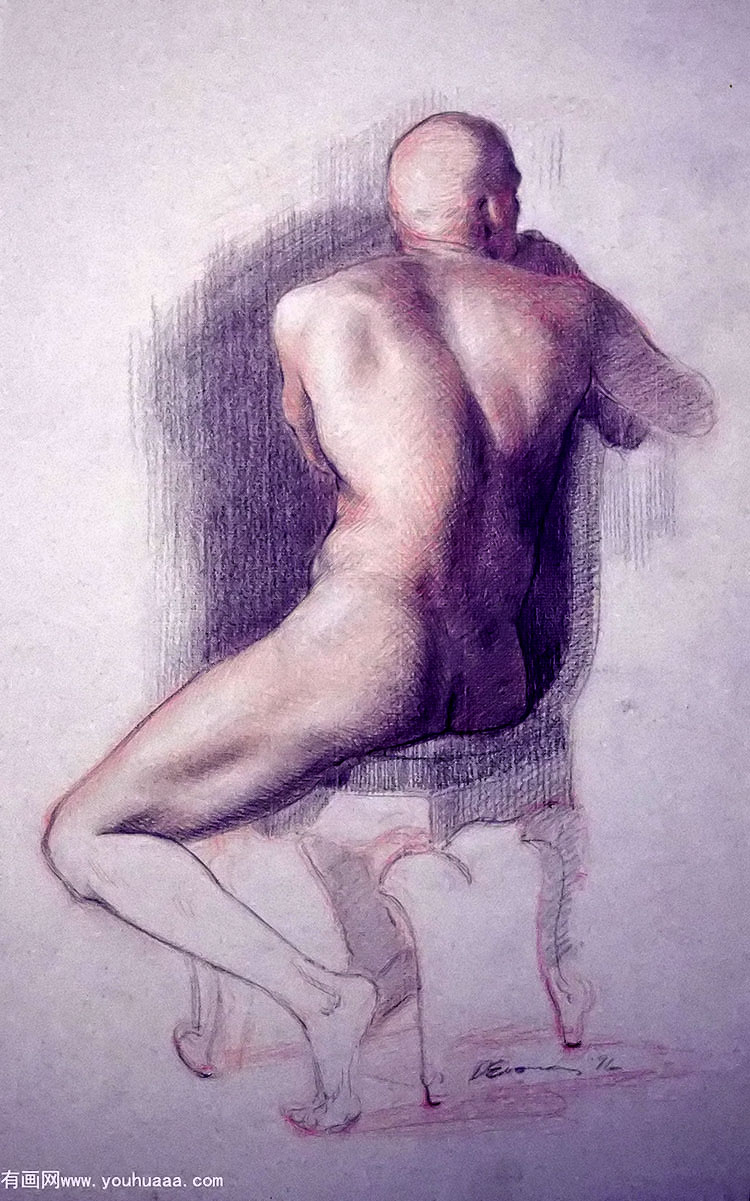 conte drawing (male nude seen from behind)