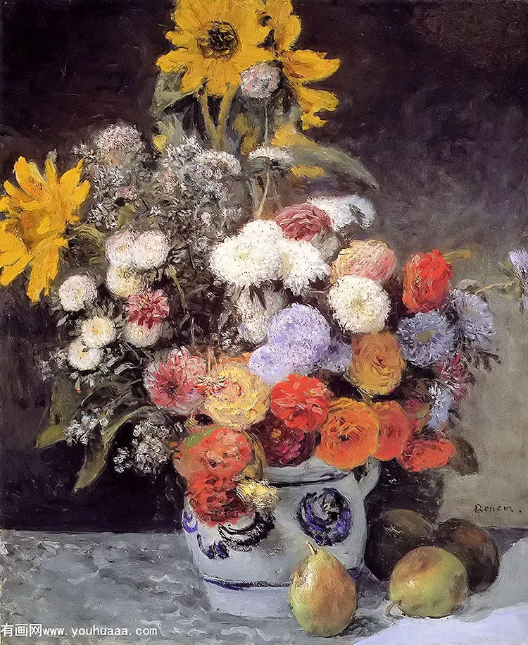 mixed flowers in an earthware pot