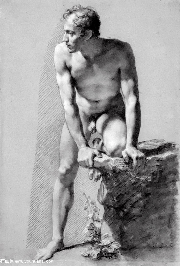 male nude leaning on a rock