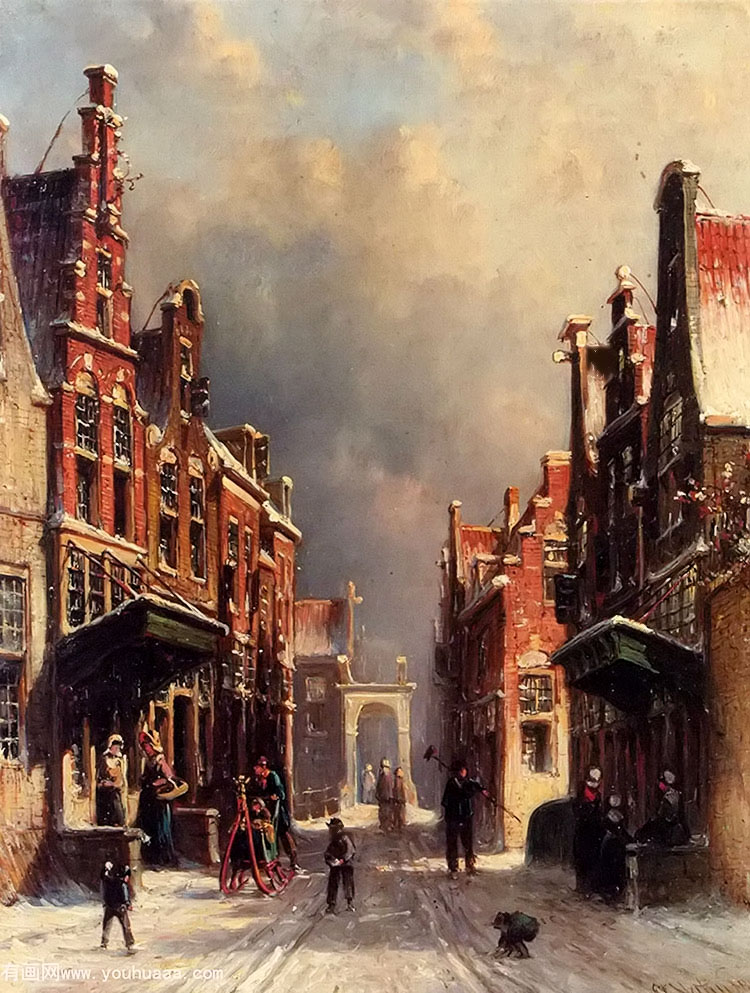 a town view in winter with figures conversing on porches and children throwing snowballs