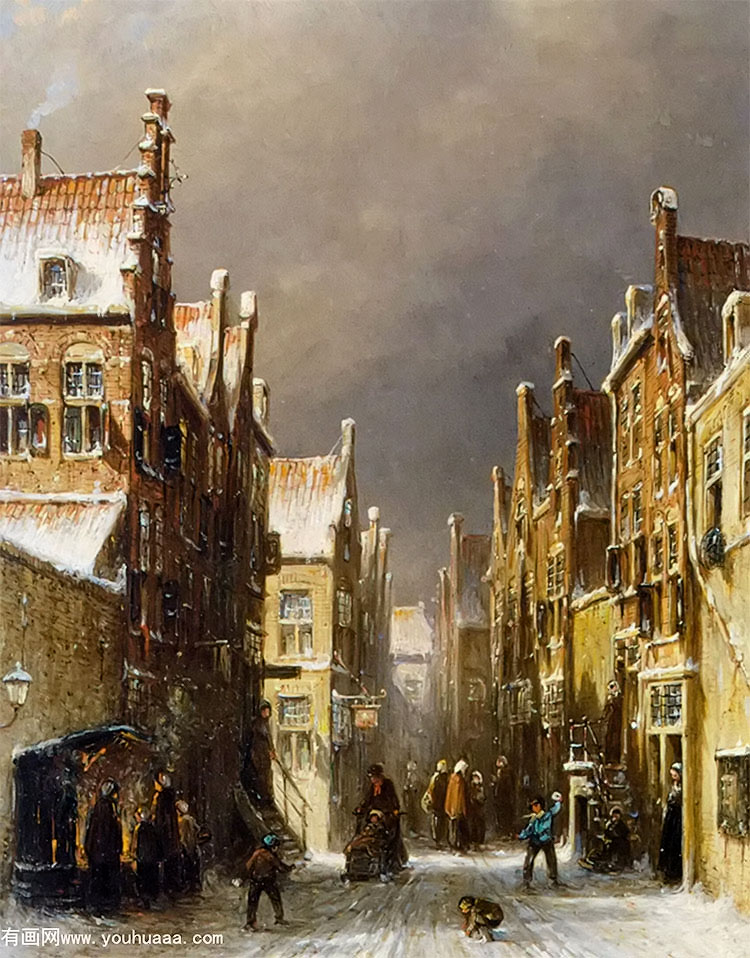 figures in the snow covered streets of a dutch town