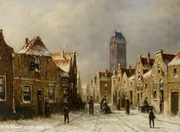 figures in the streets of a snow covered dutch town