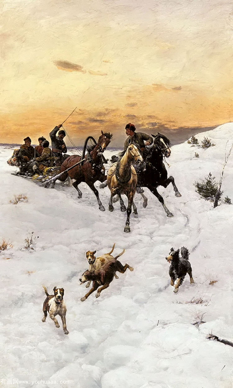 figures in a horse drawn sleigh in a winter landscape