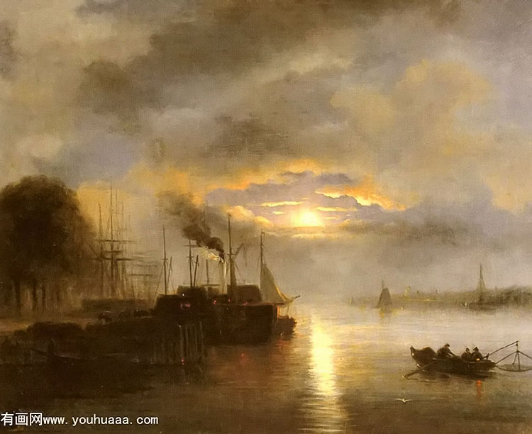 vessels before a harbour town by moonlight, possibly rotterdam