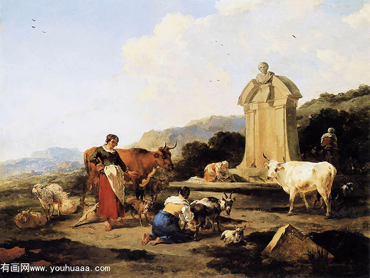 roman fountain with cattle and figures