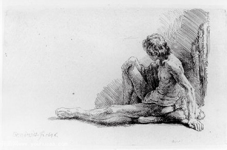 ڵȵ - nude man seated on the ground with one leg extended