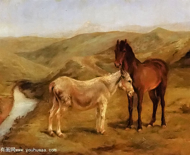 a horse and donkey in a hilly landscape