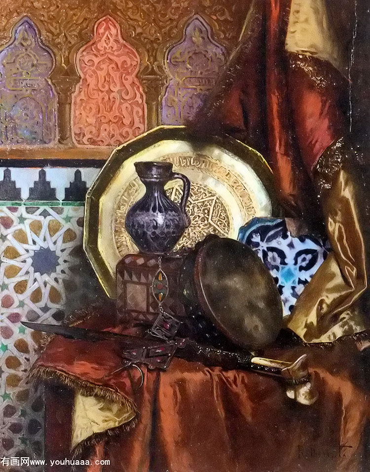 a tambourine, knife, moroccan tile and plate on satin covered table