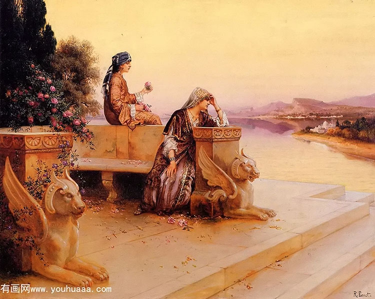 elegant arab ladies on a terrace at sunset