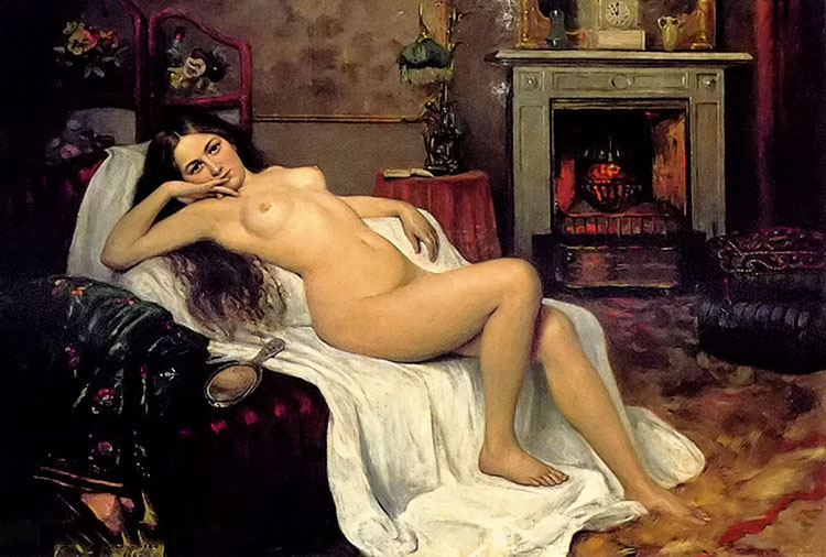 reclining nude on a draped sofa