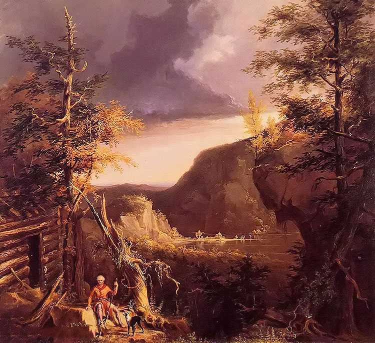 daniel boone sitting at the door of his cabin on the great osage lake, kentucky