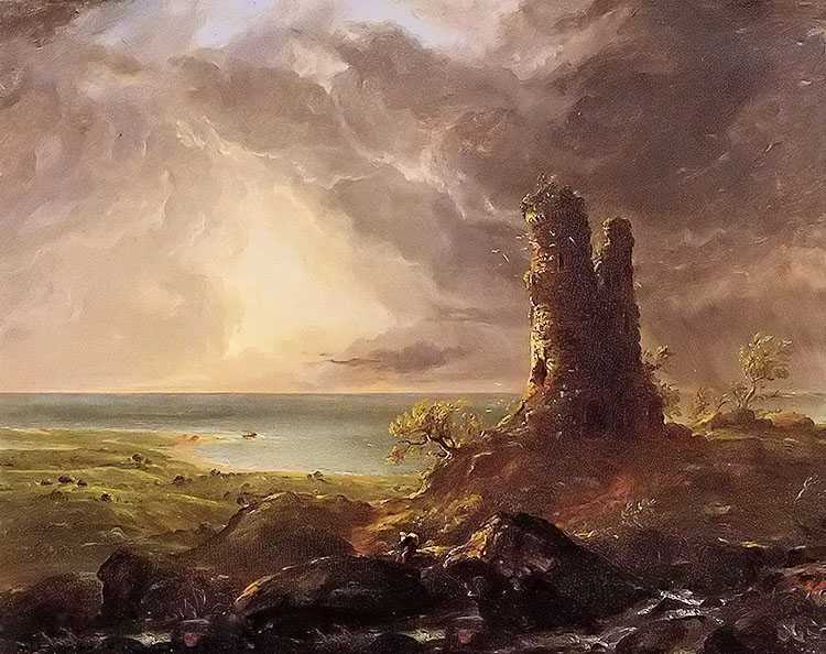 romantic landscape with ruined tower