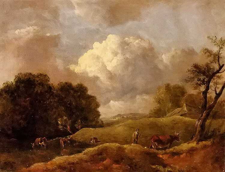 an extensive landscape with cattle and a drover