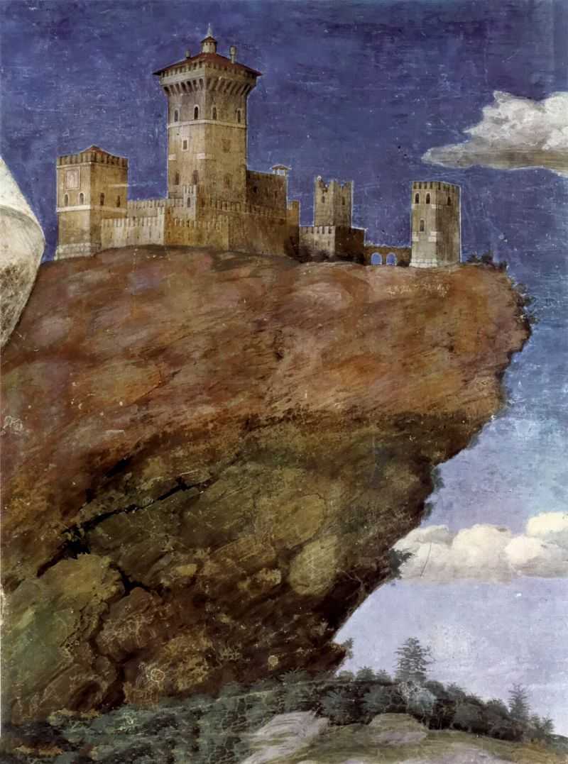 ȴе̴ӣֲ:羰(̹ͼܶõĹڻ) - Freskenzyklus in der Camera degli Sposi im Palazzo Duccale in Mantua, Szene: Wartende Reitknechte, Detail: Landschaft