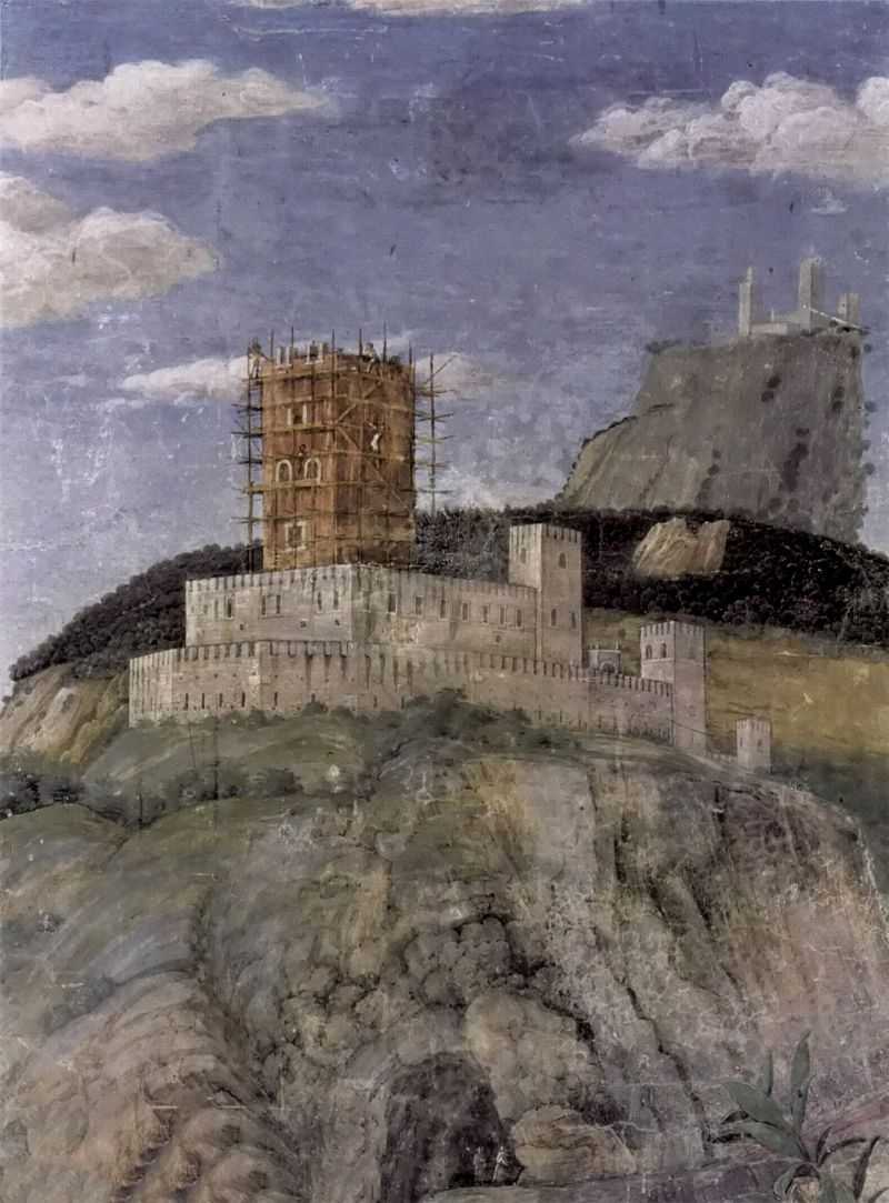 ȴе̴ӣֲ:羰(̹ͼܶõĹڻ) - Freskenzyklus in der Camera degli Sposi im Palazzo Duccale in Mantua, Szene: Wartende Reitknechte, Detail: Landschaft