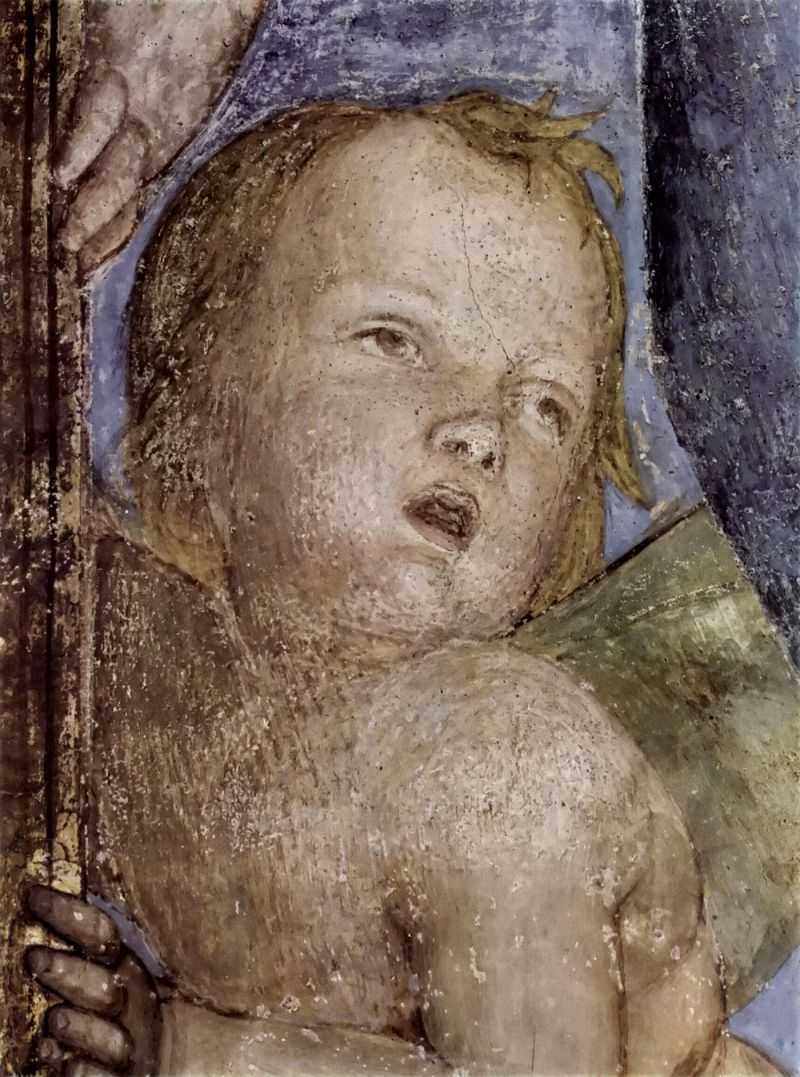 Сʹİ񣬾ֲ:Сʹ(̹ͼܶõĹڻ) - Freskenzyklus in der Camera degli Sposi im Palazzo Duccale in Mantua, Szene: Weihetafel, von Putti getragen, Detail: Putto