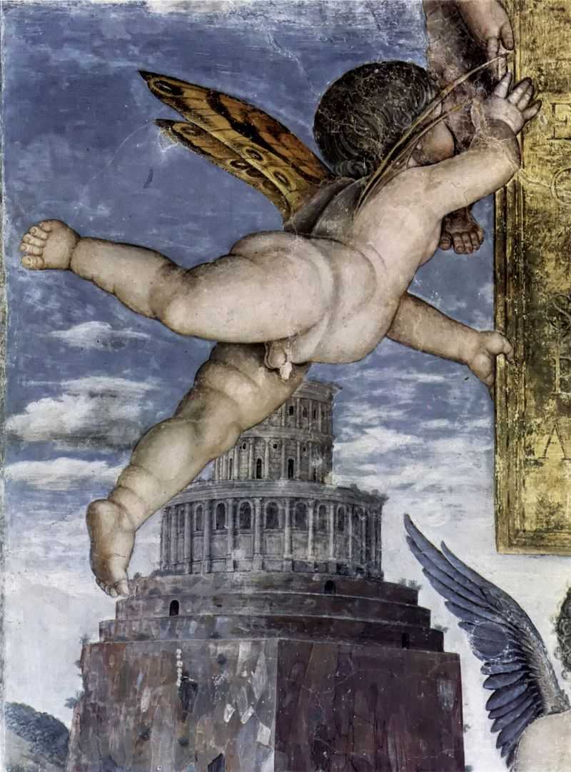 Сʹİ񣬾ֲ:Сʹ(̹ͼܶõĹڻ) - Freskenzyklus in der Camera degli Sposi im Palazzo Duccale in Mantua, Szene: Weihetafel, von Putti getragen, Detail: Putto