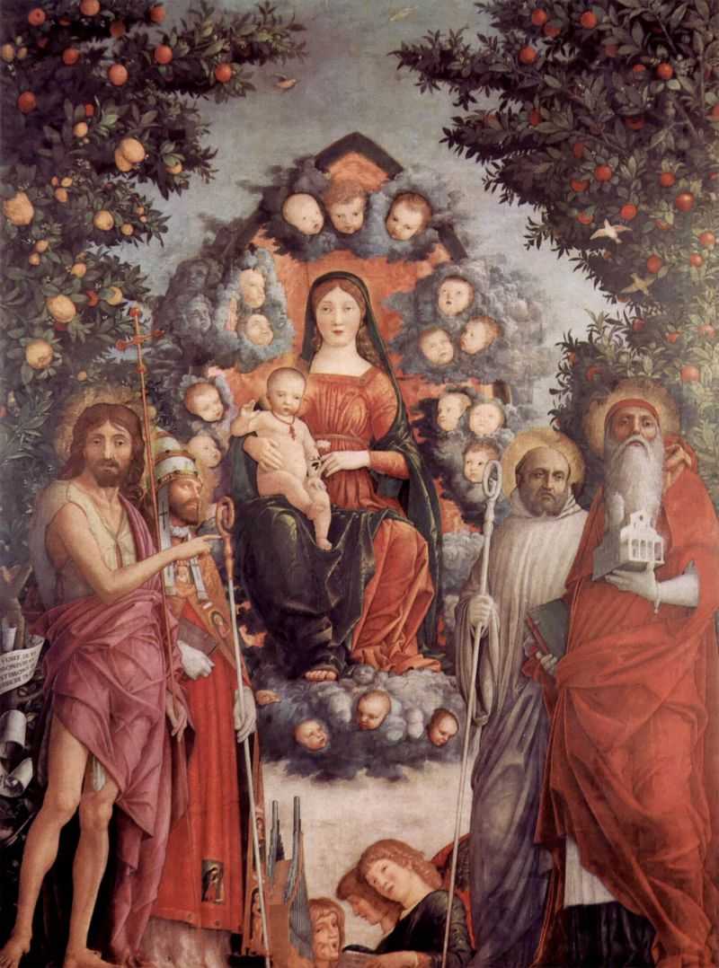 ʥĸʥͽ:ʩϴʥԼʥ׸;:ʥϿʥķ - Madonna mit Heiligen, Szene: Maria mit Christuskind und Heiligen, links: Hl. Johannes der Taufer, Hl. Gregor I. der GroBe, rechts: Hl. Benedikt und Hl. Hieronymus mit Kirchenmodell