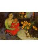 Mother and child behind the bouquet of flowers