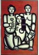 Three girls on red background (composition with three women)