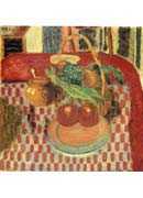 Basket and Plate of Fruit on a Red Checkered Tablecloth