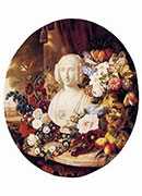 :ʻˮŮ - a still life with assorted flowers, fruit and a marble bust of a woman